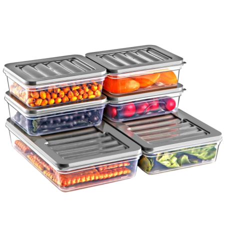 Organizare Alimente - Set Freshbox 6 Cutii alimente, Alb Transparent, Capac Gri