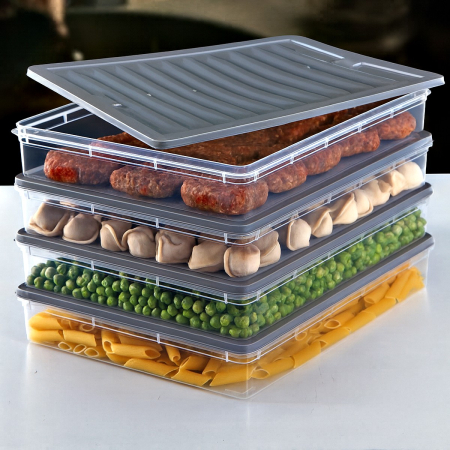 Organizare Alimente - Set Freshbox pentru pastrare si depozitare alimente, 4 Cutii cu capac X 2400 ml, Alb Transparent, Capac Gri