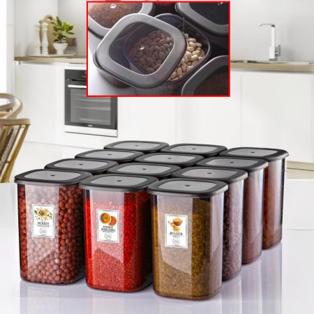 Set 12 Recipiente Alimentare de 1200 ml pentru Frigider, Congelator, Dulap sau Camara, potrivit pentru Cuptor cu Microunde, cu 24 etichete adezive, Culoare Antracit, Capac Rezistent de For [1]