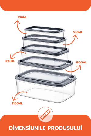 Set Embox pentru pastrare si depozitare alimente, 5 Cutii cu capac, Transparent, Capac Antracit [3]