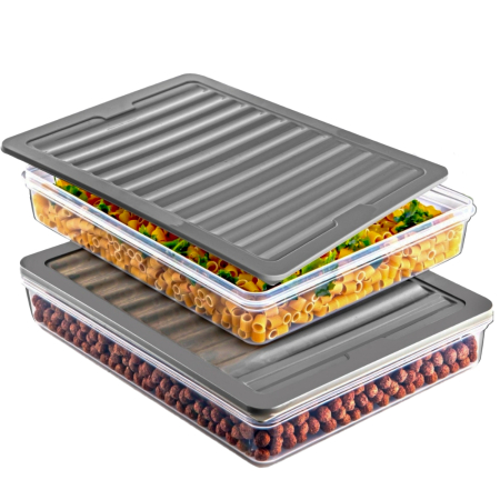 Organizare Alimente - Set Freshbox pentru pastrare si depozitare alimente, 2 Cutii cu capac X 2400 ml, Alb Transparent, Capac Gri