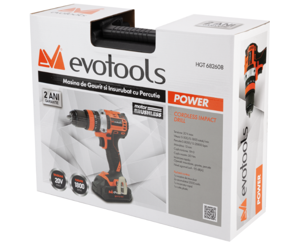 Masina de Gaurit si Insurubat Brushless cu Percutie cu 2 Acumulatori si Incarcator MAX 20V POWER Evotools. [4]