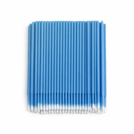 Consumabile - O cutie cilindrică transparentă plină cu 100 de microbrush-uri mov, cu tije lungi și capete fine din fibră, dispuse ordonat pentru acces ușor.