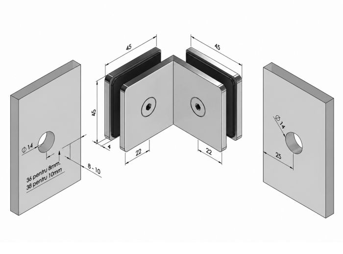 Conector sticlă-sticlă CSS001, îmbinare la 90° - Argintiu cromat [3]