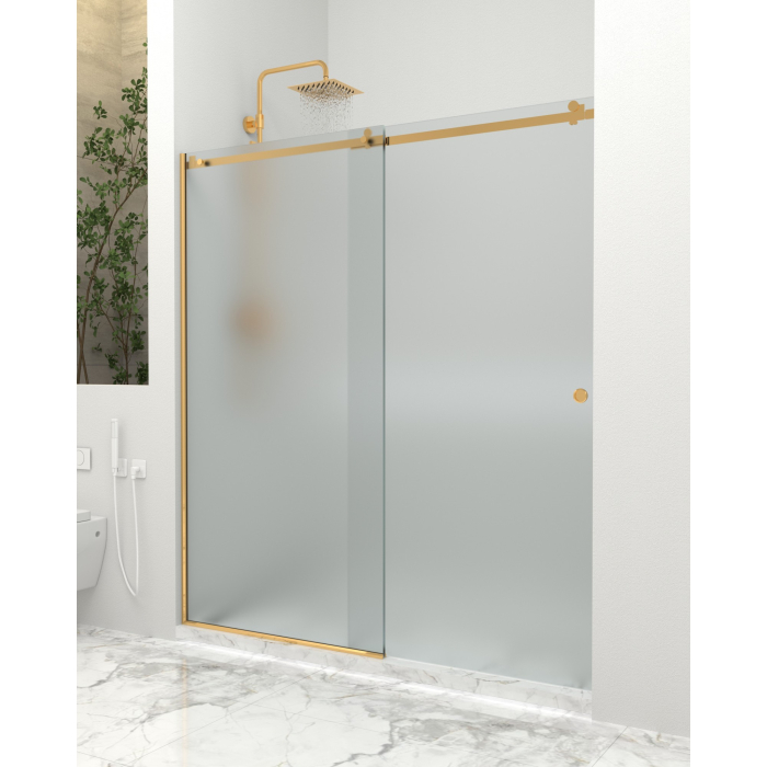 Paravan dus cu usa culisanta, Sticla mata de 8 mm, Accesorii Feronerie Auriu, 140 - 150 x 200 cm [2]