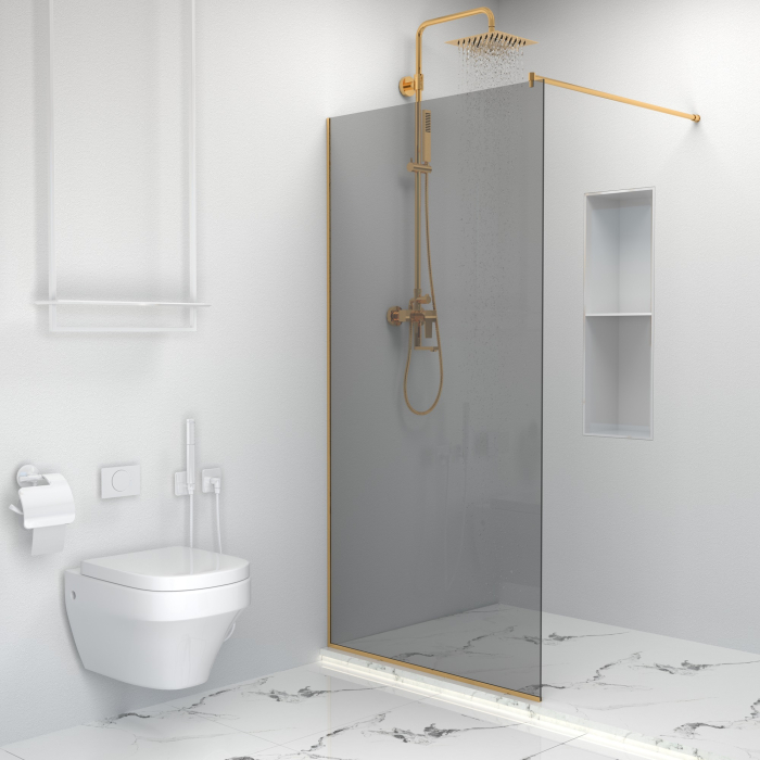 Paravan dus tip walk-in, Sticla Securizata Gri de 6mm, Accesorii Feronerie Gold, Tratament anti-calcar, 100 x 195 cm [2]