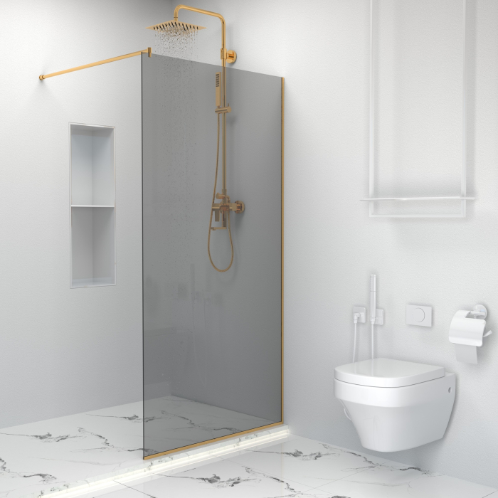 Paravan dus tip walk-in, Sticla Securizata Gri de 6mm, Accesorii Feronerie Gold, Tratament anti-calcar, 100 x 195 cm [6]