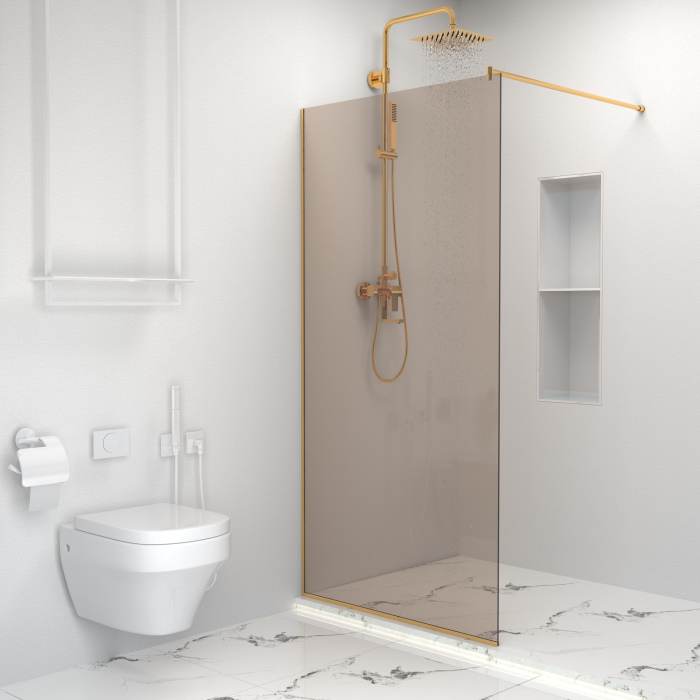 Paravan dus tip walk-in, Sticla Securizata Bronze de 8mm, Accesorii Feronerie Gold, Tratament anti-calcar, 80 x 195 cm [2]