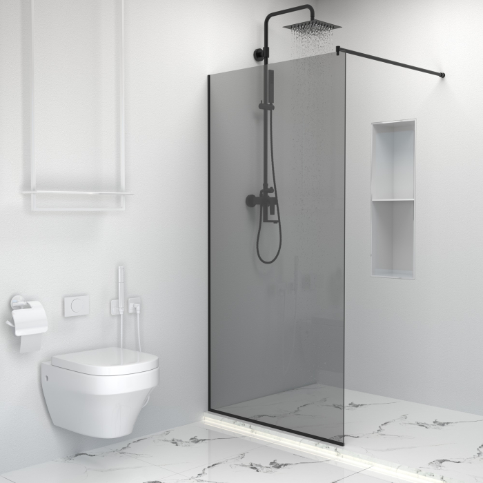 Paravan dus tip walk-in, Sticla Securizata Gri de 6mm, Accesorii Feronerie Negru Mat, Tratament anti-calcar, 100 x 195 cm [2]