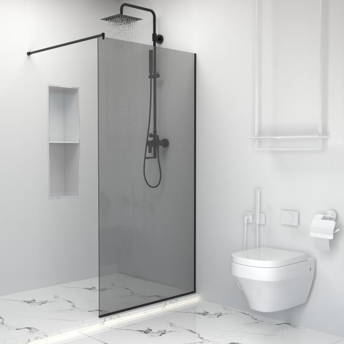 Paravan dus tip walk-in, Sticla Securizata Gri de 8mm, Accesorii Feronerie Negru Mat, Tratament anti-calcar, 60 x 195 cm [5]