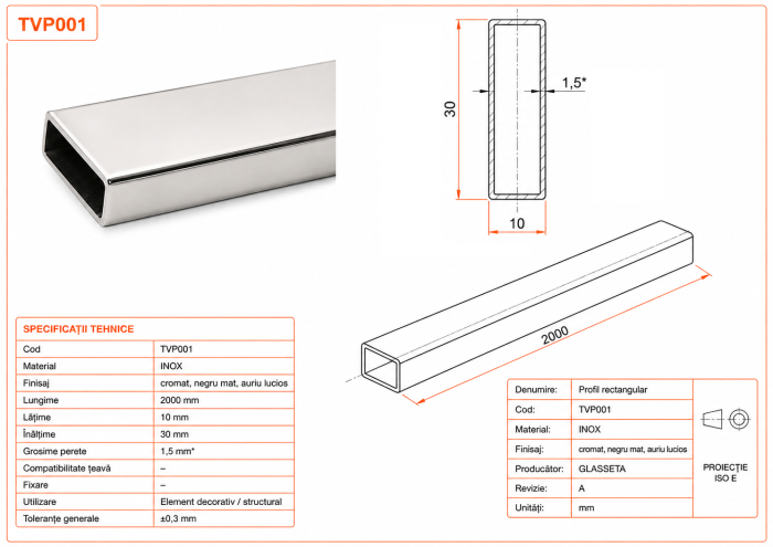 Profil rectangular TVP001 30 × 10 mm pentru sisteme glisante - Argintiu cromat [2]