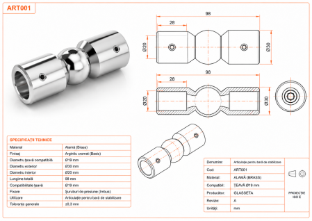 Articulație reglabilă ART001 pentru bară stabilizatoare Ø19 mm - Argintiu cromat [3]