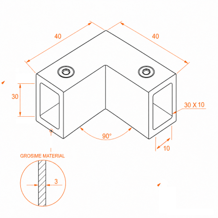 Colțar 90° pentru sistem glisant, profil 30 × 10 mm - Argintiu cromat [2]