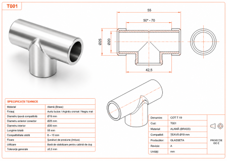 Conector în T T001 pentru bară stabilizatoare Ø19 mm - Argintiu cromat [3]