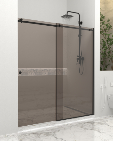 Produse EmagMarketplace - Paravan dus cu usa culisanta, Sticla bronze de 6 mm, Accesorii Feronerie Negru Mat, 130 - 140 x 200 cm