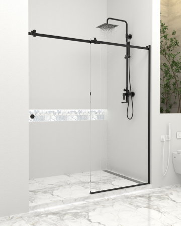 Produse EmagMarketplace - Paravan dus cu usa culisanta, Sticla clara de 6 mm, Accesorii Feronerie Negru Mat, 130 - 140 x 200 cm