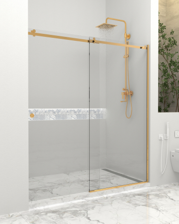 Produse EmagMarketplace - Paravan dus cu usa culisanta, Sticla clara de 8 mm, Accesorii Feronerie Auriu, 130 - 140 x 200 cm