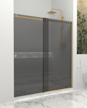 Produse EmagMarketplace - Paravan dus cu usa culisanta, Sticla gri de 8 mm, Accesorii Feronerie Auriu, 130 - 140 x 200 cm