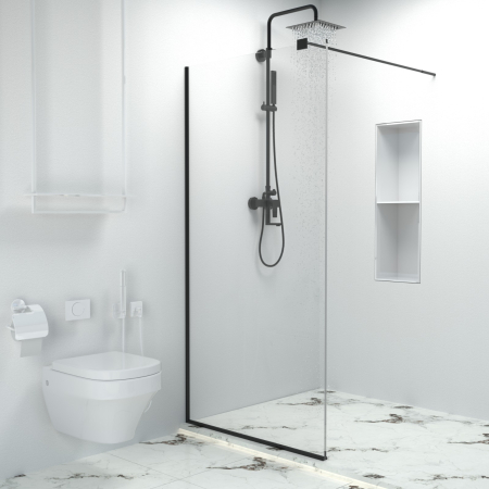 Paravane dus walk-in - Paravan dus walk-in, Sticla securizata de 6 mm tratata anticalcar, Accesorii Feronerie Negru Mat, 75 x 195 cm