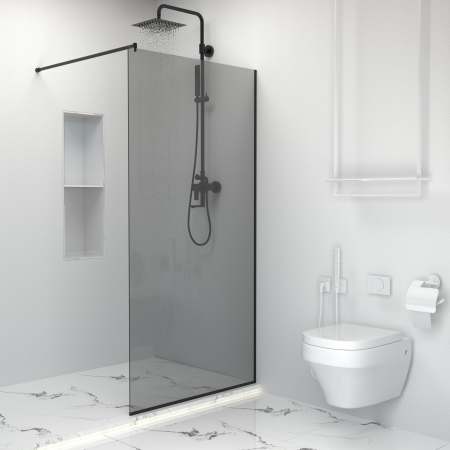 Paravan dus tip walk-in, Sticla Securizata Gri de 6mm, Accesorii Feronerie Negru Mat, Tratament anti-calcar, 100 x 195 cm [4]