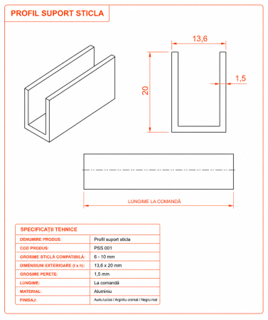 Profil U din aluminiu PSS001 pentru sticlă 6-10 mm - Argintiu cromat [1]