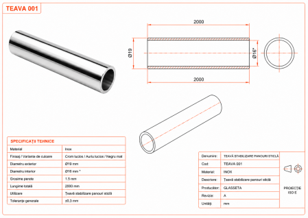 Țeavă rotundă TEAVA001 Ø19 mm pentru bară de rigidizare - Argintiu cromat [2]