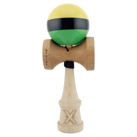 Kendama Super Sticky V2 Cupe Mari - Kendama X Originala, Profesionala, Flippy, Big Cups V2, Super Sticky cu Cupe Mari, Rulment Metalic, din lemn 18 cm, Ata 55 cm, Galben/Negru/Verde