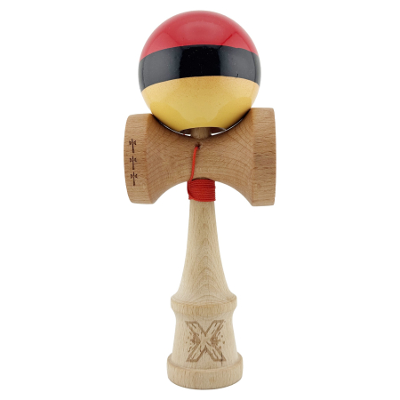 Kendama Super Sticky V2 Cupe Mari - Kendama X Originala, Profesionala, Flippy, Big Cups V2, Super Sticky cu Cupe Mari, Rulment Metalic, din lemn 18 cm, Ata 55 cm, Rosu/Negru/Galben
