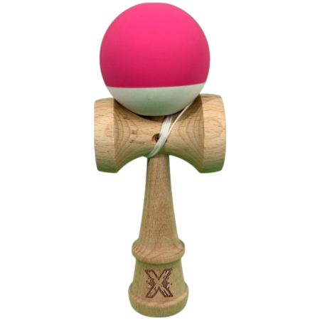 Kendama - Kendama X Originala, Profesionala, Flippy, din Lemn, 18 cm, Rubber Grip, Roz inchis/Alb