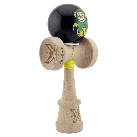 Kendama - Kendama X Originala, Profesionala, Flippy, Green Monkey, Super Sticky cu Cupe Mari King Size V3, Rulment Metalic si Gaura in Baza, din Lemn 18 cm, Ata 62/65 cm, Negru