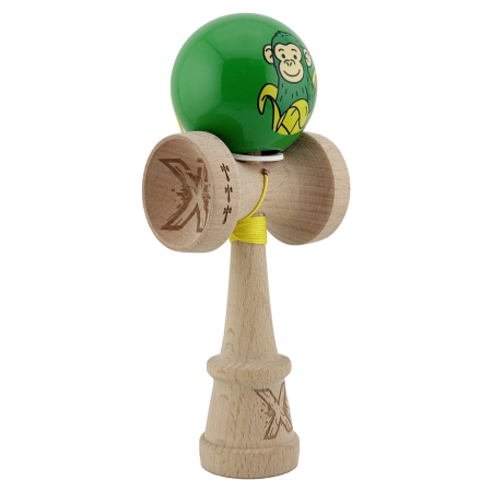 Kendama - Kendama X Originala, Profesionala, Flippy, Green Monkey, Super Sticky cu Cupe Mari King Size V3, Rulment Metalic si Gaura in Baza, din Lemn 18 cm, Ata 62/65 cm, Verde
