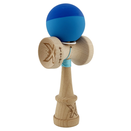 Kendama - Kendama X Originala, Profesionala, Flippy, Rubber Grip, Cupe Mari KING SIZE V3, Gaura in Baza, Rulment Metalic, din lemn 18 cm, Ata 62/65 cm, Bicolor Albastru/Albastru deschis