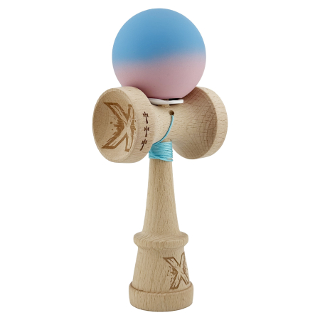 Kendama - Kendama X Originala, Profesionala, Flippy, Rubber Grip, Cupe Mari KING SIZE V3, Gaura in Baza, Rulment Metalic, din lemn 18 cm, Ata 62/65 cm, Gradient Albastru/Roz