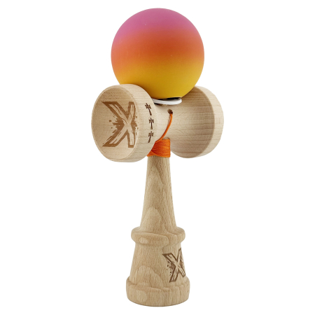 Kendama - Kendama X Originala, Profesionala, Flippy, Rubber Grip, din Lemn, 18 cm, V3, Roz/Portocaliu/Galben