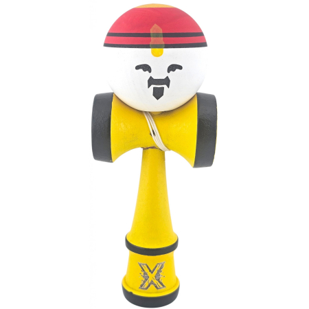 Kendama - Kendama X Originala, Profesionala, Model Rege, Flippy, din Lemn, 18 cm, Model Bicolor cu Maner Galben, Rosu Alb