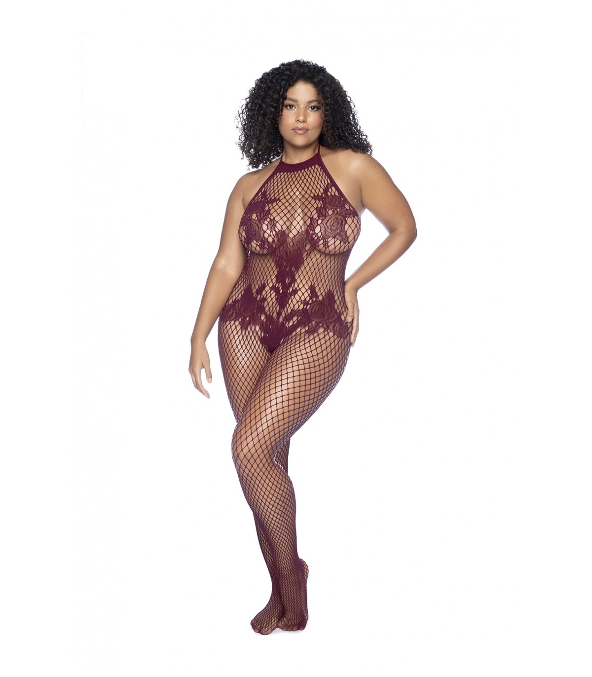 Produse <Sex toy<Body care<Lenjerie intima - MOD. 1116X HALTER AND CROTCHLESS FLORAL BODYSTOCKING CHERRY OSX