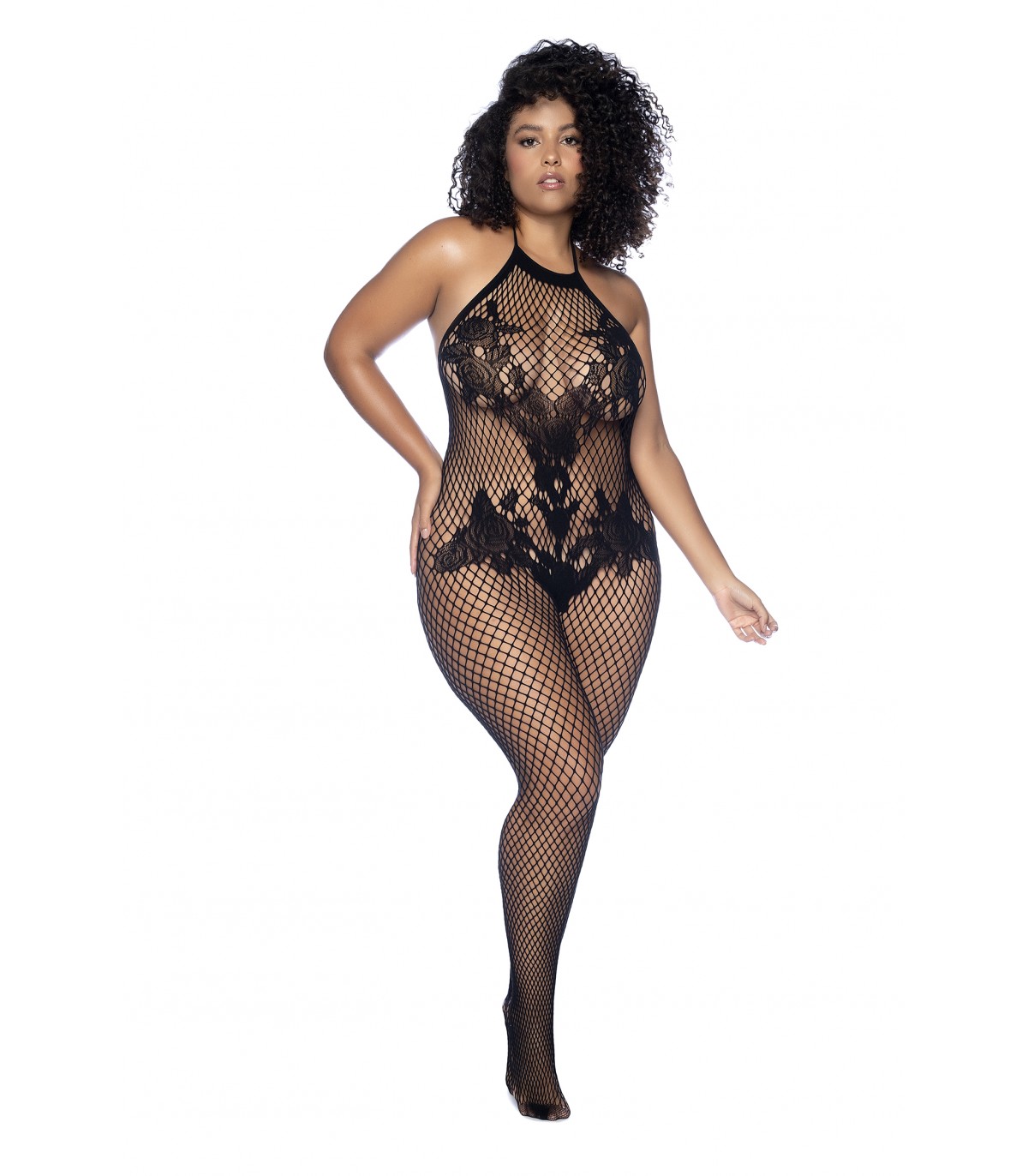 Produse <Sex toy<Body care<Lenjerie intima - MOD. 1116X HALTER AND CROTCHLESS FLORAL BODYSTOCKING BLACK OSX