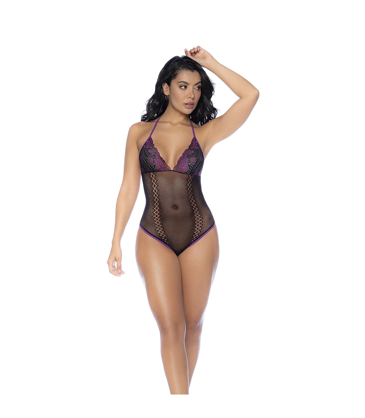 Produse <Sex toy<Body care<Lenjerie intima - MOD. 1121 FISHNET AND LACE BODYSUIT SET BLACK/PURPLE OS