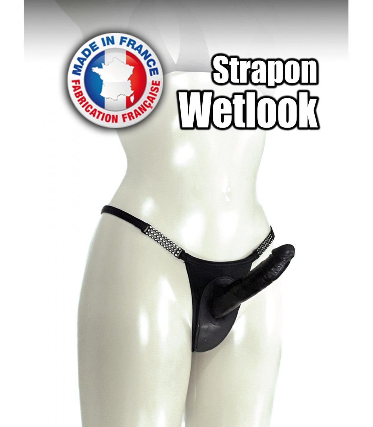 Produse <Sex toy<Body care<Lenjerie intima - BLACK WETLOOK STRAP-ON THONG