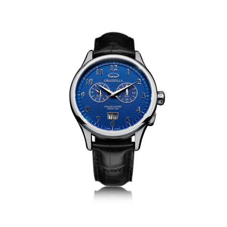 Ceasuri Bărbați - Ceas Bărbați Graziella, 42mm, Argintiu & Albastru Texturat, Curea Piele Neagră