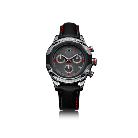 Ceasuri Bărbați - Ceas Bărbați Graziella Chronograph Sport, 43mm, Argintiu & Gri, Accente Roșii, Curea Piele