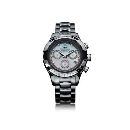 Ceasuri Bărbați - Ceas Bărbați Graziella Chronograph, 43mm, Sidef cu Diamante, Brățară Oțel Inoxidabil
