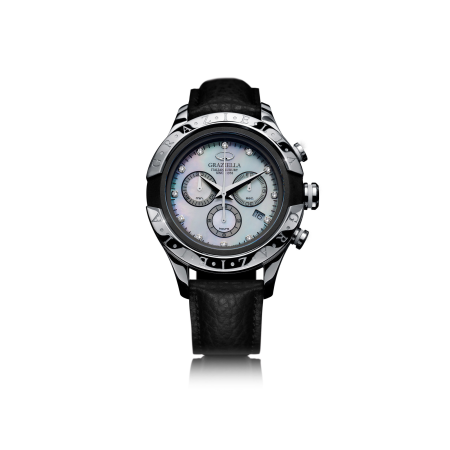 Ceasuri Bărbați - Ceas Bărbați Graziella Chronograph, 43mm, Sidef cu Diamante, Curea Piele Neagră