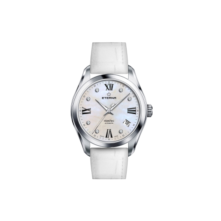 Ceasuri Femei - Ceas Damă Eterna KonTiki Lady Automatic, Sidef cu 7 Diamante, Curea Albă (36 mm)