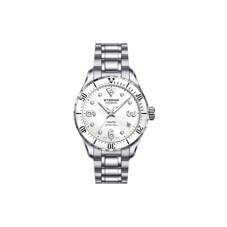 Ceasuri Femei - Ceas Damă Eterna KonTiki Automatic, Diver 200m, Oțel Inoxidabil și Ceramică Albă (38 mm)