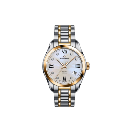 Ceasuri Femei - Ceas Damă Eterna KonTiki Lady Automatic, Sidef cu 7 Diamante, Bicolor Silver & Rose Gold (36.5 mm)
