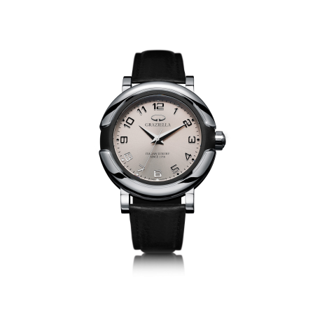 Ceasuri Bărbați - Ceas Bărbați Graziella, 41mm, Argintiu & Champagne, Curea Piele Neagră