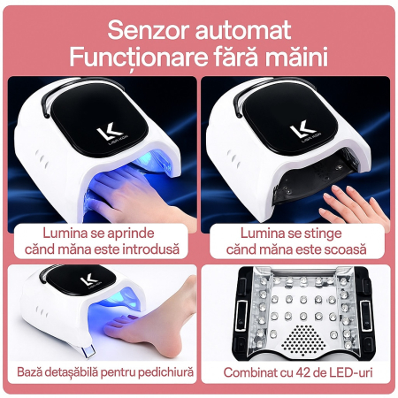 Lampa Profesionala Manichiura si Pedichiura Hibrida LISA KON, 86W Reincarcabila Wireless UV LED, Uscare 10-90 sec, 42 Leduri UV [8]