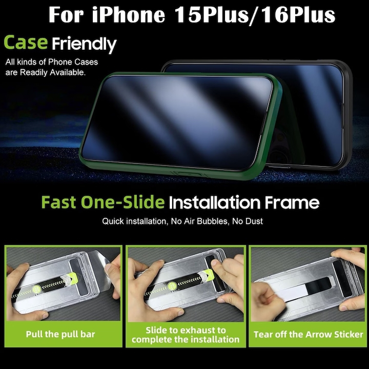 Set 2 folii sticla pentru iPhone 15Plus/16Plus,, Folie sticla protectie telefon, Folie de inalta definitie, Cu dispozitiv de montare automata in 30 de secunde, Instalare 1:1 usoara si rapida, Impermea [2]