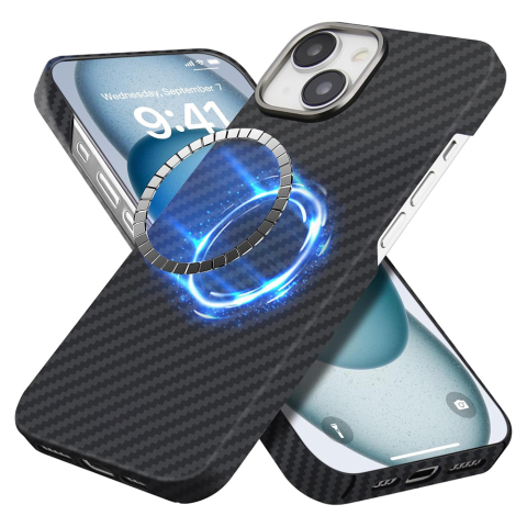 Huse protectie Telefoane Mobile - Husa tip Aramid Fiber MagSafe pentru iPhone 15, Black, Negru